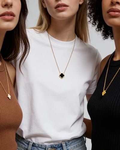 Four Leaf Clover Necklace 18K Gold Plated Necklaces for Women Lucky Flower Pendant Adjustable Link Chain Stainless Steel Dainty Trendy Simple Jewelry Gifts for Women - color: 1G-White+Black+Gold