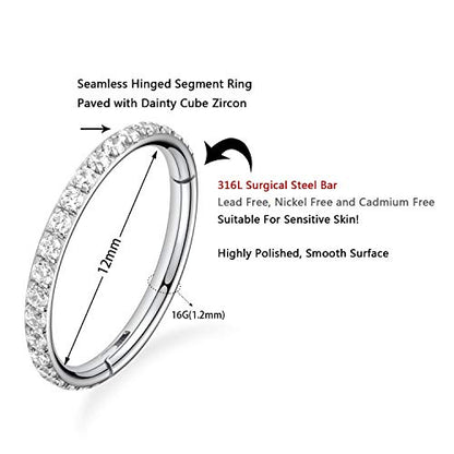 GAGABODY Surgical Steel Hypoallergenic Nose Ring Earring CZ Hoop for Unisex | Hinged Seamless Clasp,Used in Nostril,Septum,Lip,Eyebrow,Nipple and All Ear Piercings.22G to 12G,Inner Diameter 5mm to 14mm - color: Style1:Silver+Clear CZ, size: 16G-12mm