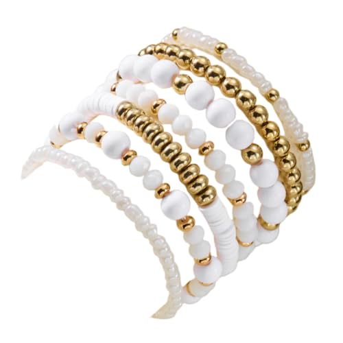 7/12Pcs Set Bohemian Stackable Crystal Seed Beaded Elastic Stretch Bracelet Multilayerd Handmade Brass Bead for Women Jewelry Surfer Heishi Polymer Clay Layering - color: white