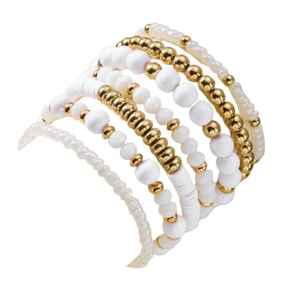 7/12Pcs Set Bohemian Stackable Crystal Seed Beaded Elastic Stretch Bracelet Multilayerd Handmade Brass Bead for Women Jewelry Surfer Heishi Polymer Clay Layering - color: white