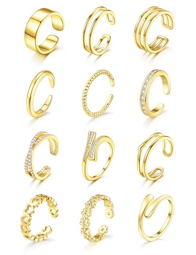 12Pcs Toe Rings for Women - 14K Gold Filled Toe Ring Non Tarnish Adjustable Simple Hug CZ Thin Band Toe Rings Summer Beach Foot Jewelry for Women - style: B-Gold