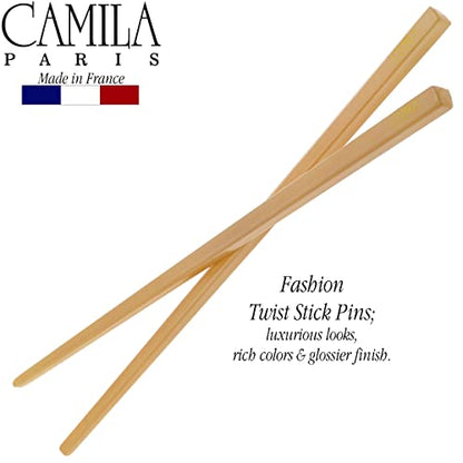 Camila Paris CP3380 French Twist Stick Hair Pin, Set of 2 Beige, Girls Chopsticks Hair Pins for Girls Spiral Updo Chignon Bun Holder, Styling Hair Accessories for Women, Made in France - color: Beige