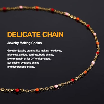 KYUNHOO 16.4FT Gold Plated Stainless Steel Enamel Jewelry Making Chain Roll | Colorful Beaded Chain Links for Jewelry Crafts Making with Lobster Clasps Jump Rings - color: gold-red orange