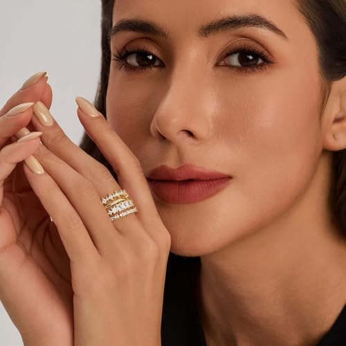 Cicy Bell Stackable Rings for Women 18K Gold Plated Non Tarnish Ring Set | Dainty Cubic Zirconia,Promise Wedding Engagement Rings, Statement Thin Rings,Trendy Jewelry Gifts - color: Gold-Style A, size: 7