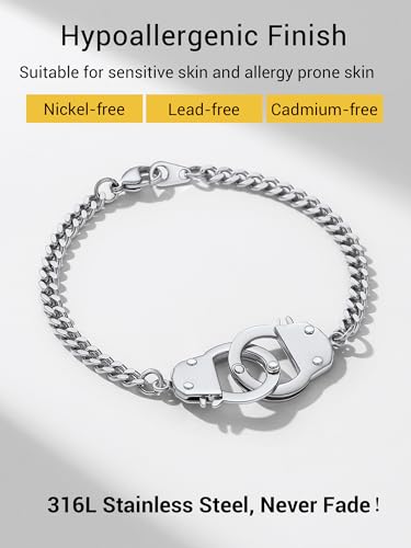 PROSTEEL Trendy Handcuffs Design/Customize Words Ankle Bracelet For Women, 316L Stainless Steel Anklets Silver/Gold/Black Tone, Hypoallergenic, Come with Box - style: B Silver-Bracelet(7.5")