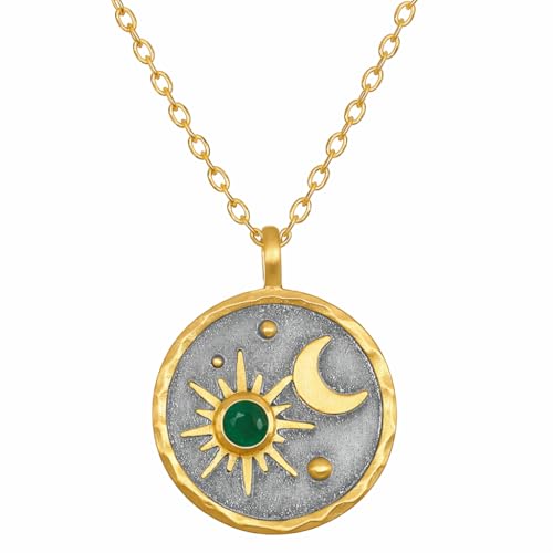 Gold Sun Moon and Stars Pendant Necklace with Birthstone Crystals as Center of Sun, Two-Tone Stainless Steel, Celestial Theme, Astrology Gift for Women, 16-20 Inch Adjustable Cable Chain - color: May Emerald