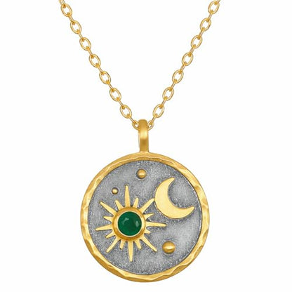 Gold Sun Moon and Stars Pendant Necklace with Birthstone Crystals as Center of Sun, Two-Tone Stainless Steel, Celestial Theme, Astrology Gift for Women, 16-20 Inch Adjustable Cable Chain - color: May Emerald