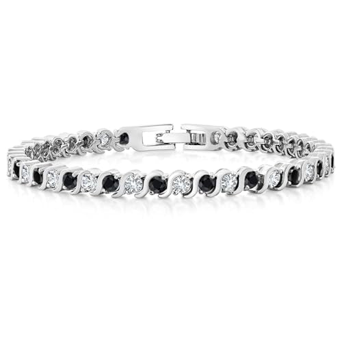 Gem Stone King 3MM Simulated Blue Sapphire and Sparkling White Cubic Zirconia Tennis Bracelet for Women | 14K Gold Plated | 4.50 Cttw | Size 7 Inch | Choice of Color - color: Black