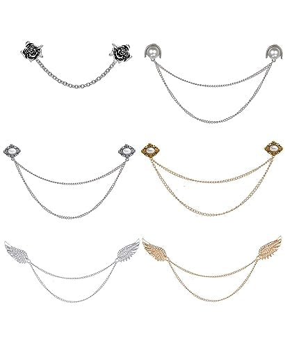 6 Pcs Antique Sweater Shawl Clip Chain Renaissance Style Rose Bowknot Brooch Flowers Wings Heart Cardigan Pin Gold sliver For Woman Men - style: C:6Pcs(Wing)