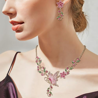 EleQueen Women's Crystal Butterfly Flower Leaf Necklace Earrings Set | Crystal Jewelry Set for Brides Bridesmaids, Necklace Set for Party - color: Gold-Tone Pink