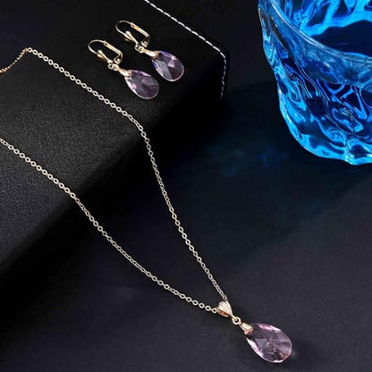 Austrian Crystals Teardrop Pendant Necklace Earrings for Women 14K Gold Plated Hypoallergenic Leverback Drop Dangle Earrings Jewelry Set - color: Pink