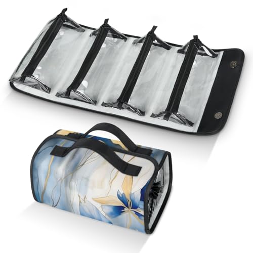 Blue Gold Leave Hanging Roll Up Cosmetic Bag with 4 Removable Storage Bags Waterproof Foldable Toiletry Kit for Women - color: Multicolor 1