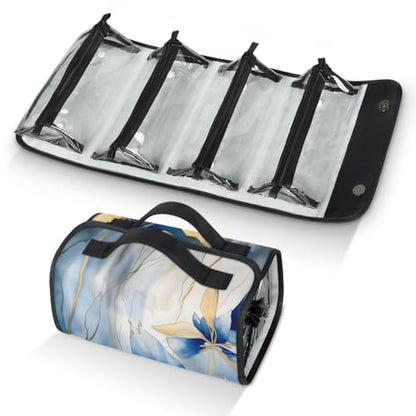 Blue Gold Leave Hanging Roll Up Cosmetic Bag with 4 Removable Storage Bags Waterproof Foldable Toiletry Kit for Women - color: Multicolor 1