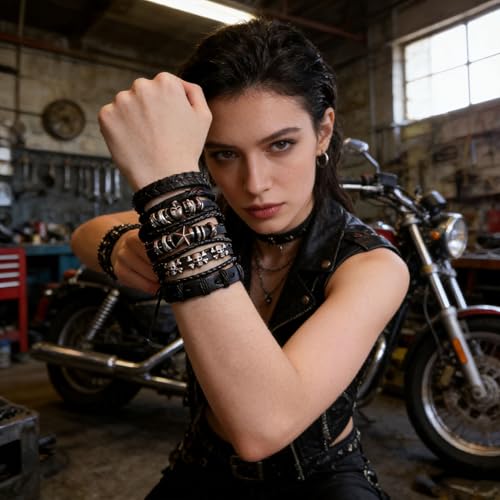 6Pcs Men Braided Leather Bracelet Black Punk Rock Skull Bracelet - color: A: Black
