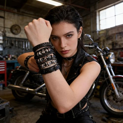 6Pcs Men Braided Leather Bracelet Black Punk Rock Skull Bracelet - color: A: Black