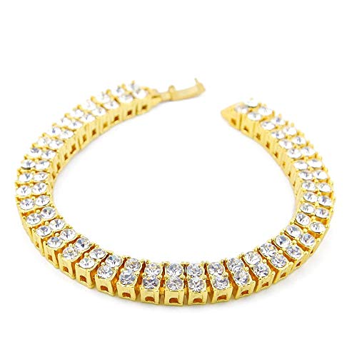 HH BLING EMPIRE 14K Gold and Silver Bracelets Diamond Tennis and Cuban Link Bracelet for Men Women Hip Hop Jewelry - color: 2 row tennis-Gold, size: 8.5"