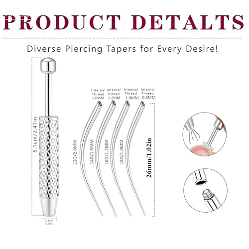 Piercing Tapered Ball Grabbing Tool for Jewelry Replacement - 14G 16G 18G 20G Stainless Steel Flat Back Earring Applicator Tool Threaded, Internal Threaded, External Threaded Body Piercing Insertion Needle Kit for Ear/Nose/Navel/Nipple/Lip/Eyebrow/Tongue