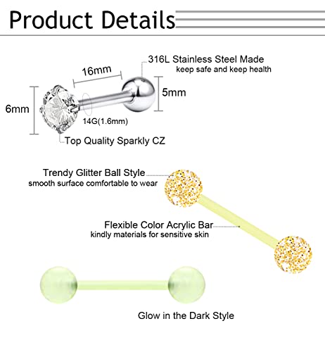 30-200Pcs 14G Surgical Steel Tongue Rings for Women Stainless Steel Nipple Rings Barbell Body Piercing - color: B: 30pcs cz style
