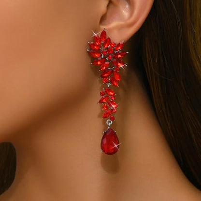 Silver Rhinestone Wedding Earrings for Women,Silver Sparkling Crystal Chandelier Earrings,Formal Cocktail Prom Teardrop Dangle Drop Statement Jewelry - color: Red