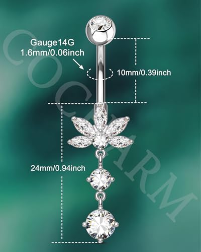 Dangle Lotus Belly Button Rings 14G Dangle Belly Navel Rings for Women Flower Belly Button Piercing - color: WG-10MM