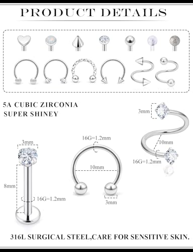 16G Horseshoe Lip Rings 316L Surgical Steel Medusa Labret Snake Bite Monroe Lip Ring 16 Gauge Tragus Forward Helix Conch Cartilage Lobe Earrings Stud Piercing Jewelry For Women Men - color: Silver