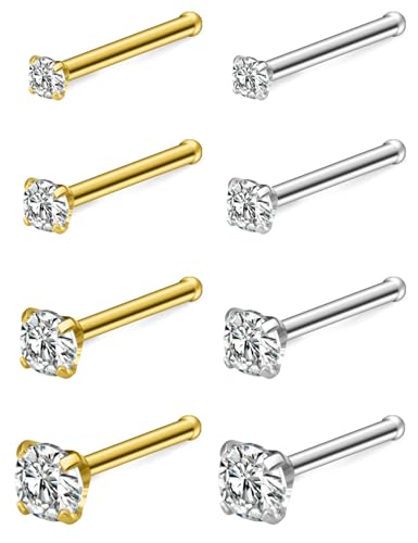 8Pcs Nose Rings Studs 14K Gold Filled Surgical Steel L-Shape Nose Rings for Women 1.5/2mm/2.5mm/3mm Cubic Zirconia Nostril Screw Studs Hypoallergenic Nostril Piercings 20g 18g - color: 8pcs,18g,mix color,straight