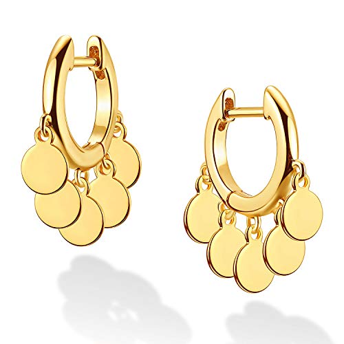 DREMMY STUDIOS Gold Dainty Huggie Hoop Earrings 18K Gold Plated Exquisite Open Tassel Dangle Charm Drop Sleeper Geometric Cross Coin Star Heart White CZ Simple Hypoallergenic Earrings for Women - color: Tassel-Disc