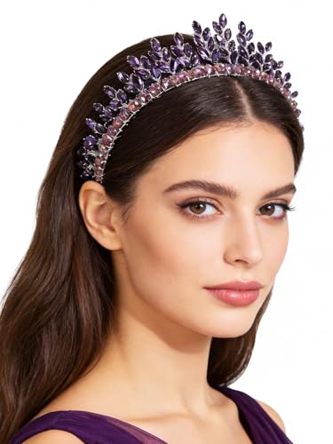 Bridal Rhinestone Headband Wedding Hair Accessories for Women, Pearl Crystal Headband Wedding Costume Headpieces for Brides Princess Quinceanera Christmas Party Prom Birthday(Purple) - color: Purple