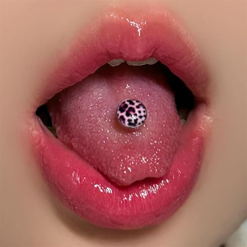 Leopard Print Tongue Ring for Women 14G Stainless Steel Circle Straight Barbell Tongue Rings Internally Threaded 5/7 Inches Piercing Jewelry - color: Pink