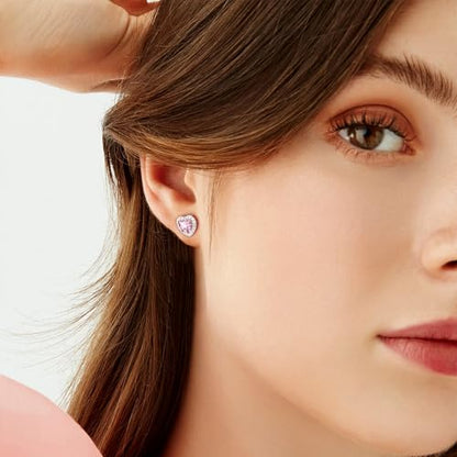 Bestyle 8mm Small Birthstone Earrings for Women with Hypoallergenic Sterling Silver Post,Sparkle Heart/Round Womens Studs Earrings, Great Birthday/Christmas/Anniversary Jewelry for Wife Mother - color: 10. Oct. Pink Tourmaline-Heart