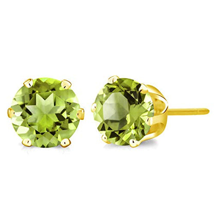 Gem Stone King 1.60 Cttw Natural Round Green Peridot Earrings For Women Men | Round 6MM | Gemstone Birthstone | Yellow Gold Plated Stud Earrings