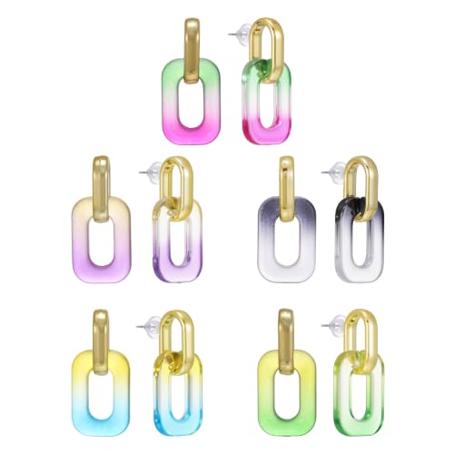 5 Pairs Acrylic Geometric Drop Earrings for Women, Colorful Mix | Colorful acrylic rounded rectangle drops with stainless steel posts; 3.0 x 1.5 cm, 3.2 g per pair, five-pair set