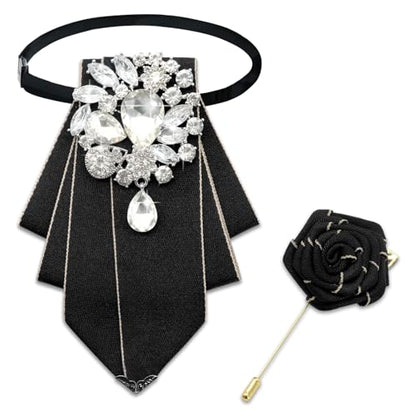 LJBFNN Bow Ties for Men Women, Pre-tied Bow Tie and Lapel Pin Set Crystal Rhinestone Bowties Men Women Wedding Party Prom - color: Black