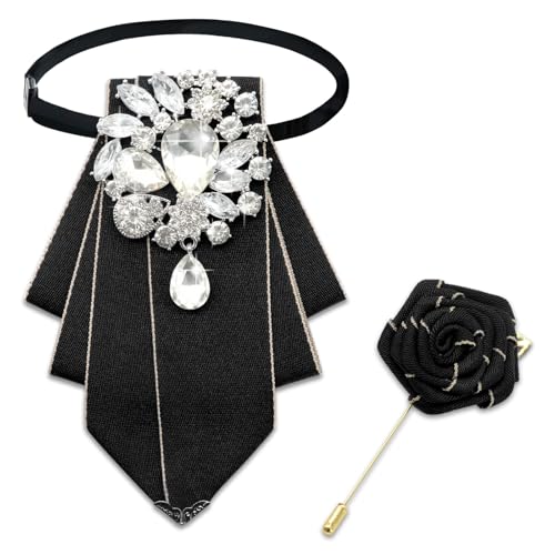LJBFNN Bow Ties for Men Women, Pre-tied Bow Tie and Lapel Pin Set Crystal Rhinestone Bowties Men Women Wedding Party Prom - color: Black