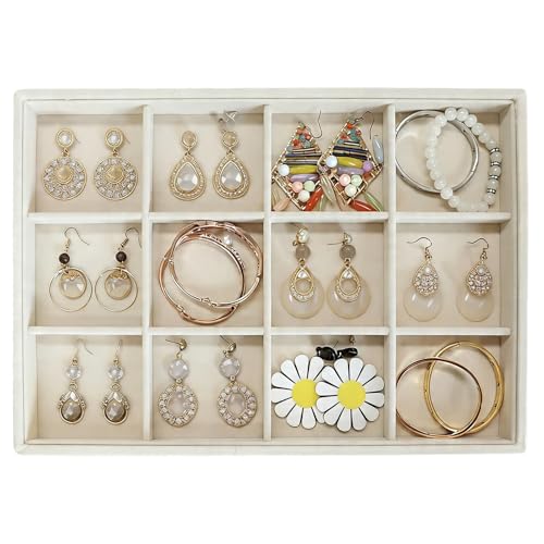 Stratalife 12 Grid Velvet Jewelry Organizer Tray, 13.8" x 9.4" x 1.2" | Stackable Drawer Earring Organizer with Adjustable Dividers, Jewelry Display Tray for Necklace Earring Ring Bracelet, Beige - color: Beige, size: 12