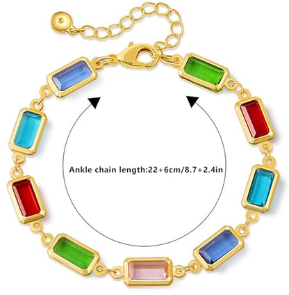18K Gold Plated Anklet for Women Multicolor Crystal Ankle Bracelets Boho Adjustable Chain Anklets - color: Large Rectangle