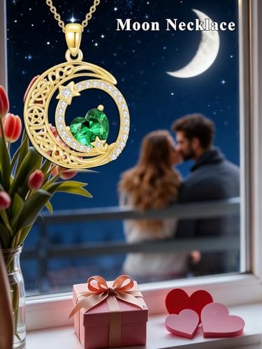 Midari 18K Yellow Gold Sun Moon Star Pendant Rose Flower Necklaces I Love You Forever Sun Moon Jewelry Gift for Mother Women - color: 05-May-Emerald, style: Moon&Star