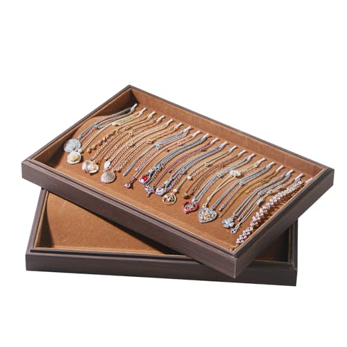 Wood Jewelry Organizer Tray, Necklace Display (Brown, 2Pc, 20-Hook) | Stackable Jewelry Display, Necklace Holder, Tangle-Free Necklace Stand, Pendant Organizer - size: 20 Hooks Necklace+20 Hooks Necklace