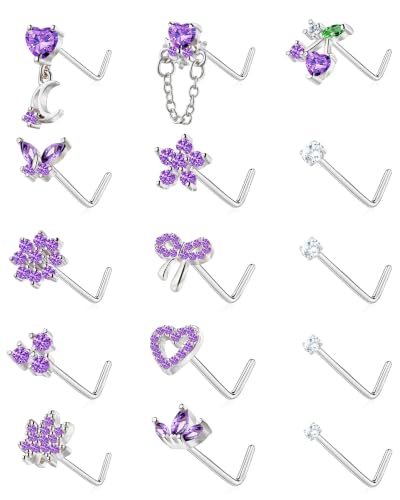 BSJ4U Nose Rings L Shaped for Women Nose Piercings 20G Surgical Stainless Steel Nose Studs CZ Heart Butterfly Flower Cherry Bow Moon Dangle Nose Piercing Jewelry - color: Silver Purple Nose Rings