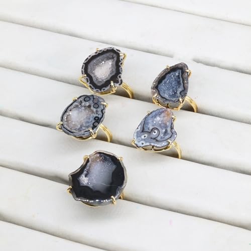 Elegant Geode Druzy Gemstone Statement Ring for Women, Adjustable Ring, Gold Plated Stone Size 20-25mm - color: Black, style: 1
