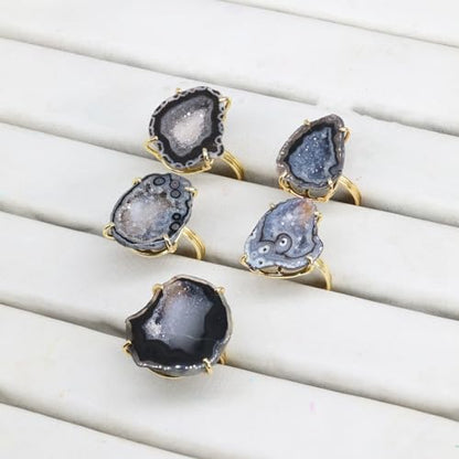 Elegant Geode Druzy Gemstone Statement Ring for Women, Adjustable Ring, Gold Plated Stone Size 20-25mm - color: Black, style: 1