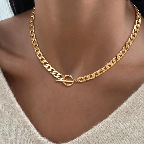 CHESKY 14K Gold Plated Chunky Necklace for Women, Trendy Toggle Clasp | Statement Pendant Necklace, Layered Paperclip Chain, Toggle Clasp Design, Thick Gold Chain, Non Tarnish Everyday Jewelry - color: gold, style: cuban