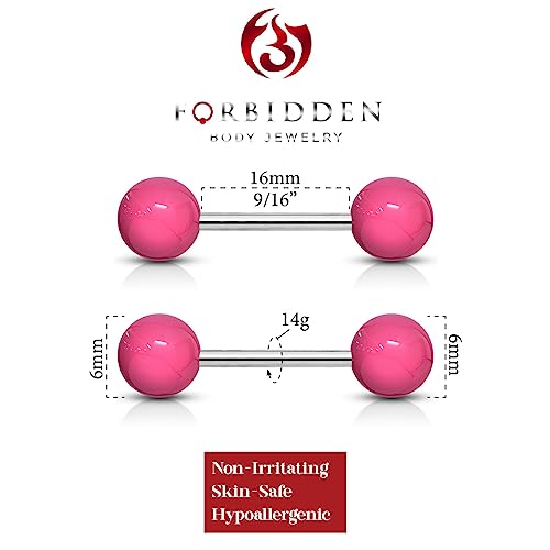 Forbidden Body Jewelry 14 g 16 mm Stainless Steel Nipple or Tongue Ring Barbell Set with Acrylic Balls (Choose Color) - style: Pink