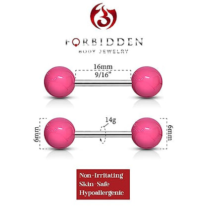 Forbidden Body Jewelry 14 g 16 mm Stainless Steel Nipple or Tongue Ring Barbell Set with Acrylic Balls (Choose Color) - style: Pink