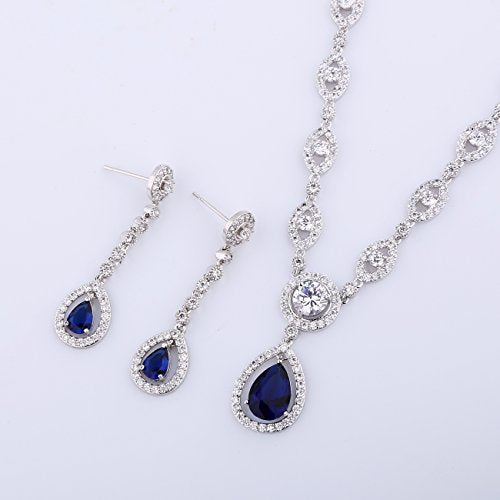 GULICX AAA Cubic Zirconia CZ Silver Plated Base Women's Party Jewelry Set Earrings Pendant Necklace - color: Blue