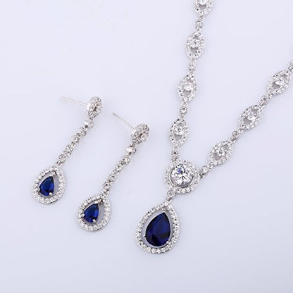 GULICX AAA Cubic Zirconia CZ Silver Plated Base Women's Party Jewelry Set Earrings Pendant Necklace - color: Blue