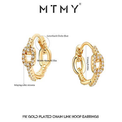 Huggie Hoop Earrings 14K Gold Plated Cubic Zirconia Dainty Simple Cute Beads Elegant CZ Circle Small Hoop Earring for Women Minimalist Handmade Hypoallergenic Jewelry - color: Link Hoop