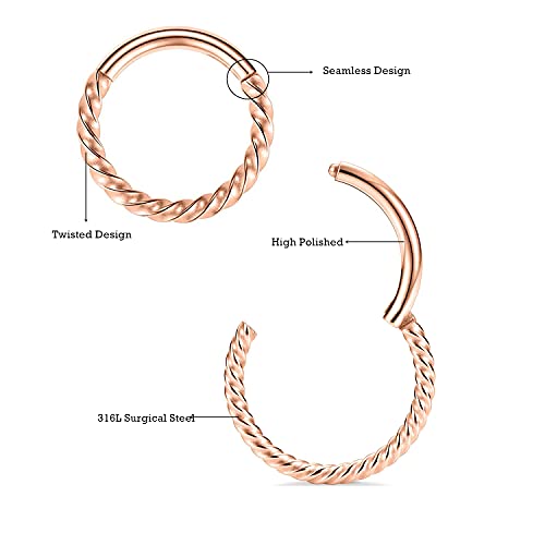 MissNity 316L Surgical Steel Hinged Nose Rings Hoop 20G 18G 16G 14G, Diameter 6mm to 10mm, Color Gold - Rose Gold - Silver - Black - Rainbow - color: C21: Rose gold - 1pc
