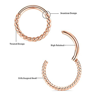 MissNity 316L Surgical Steel Hinged Nose Rings Hoop 20G 18G 16G 14G, Diameter 6mm to 10mm, Color Gold - Rose Gold - Silver - Black - Rainbow - color: C21: Rose gold - 1pc