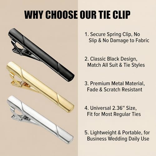 Erioctry Mens Stainless Steel Tie Clips Minimalist Necktie Tie Bar Clasp Clip Clamp Pins Best Gift For Men Business Party Wedding Best Gift and Daily Life - color: Black
